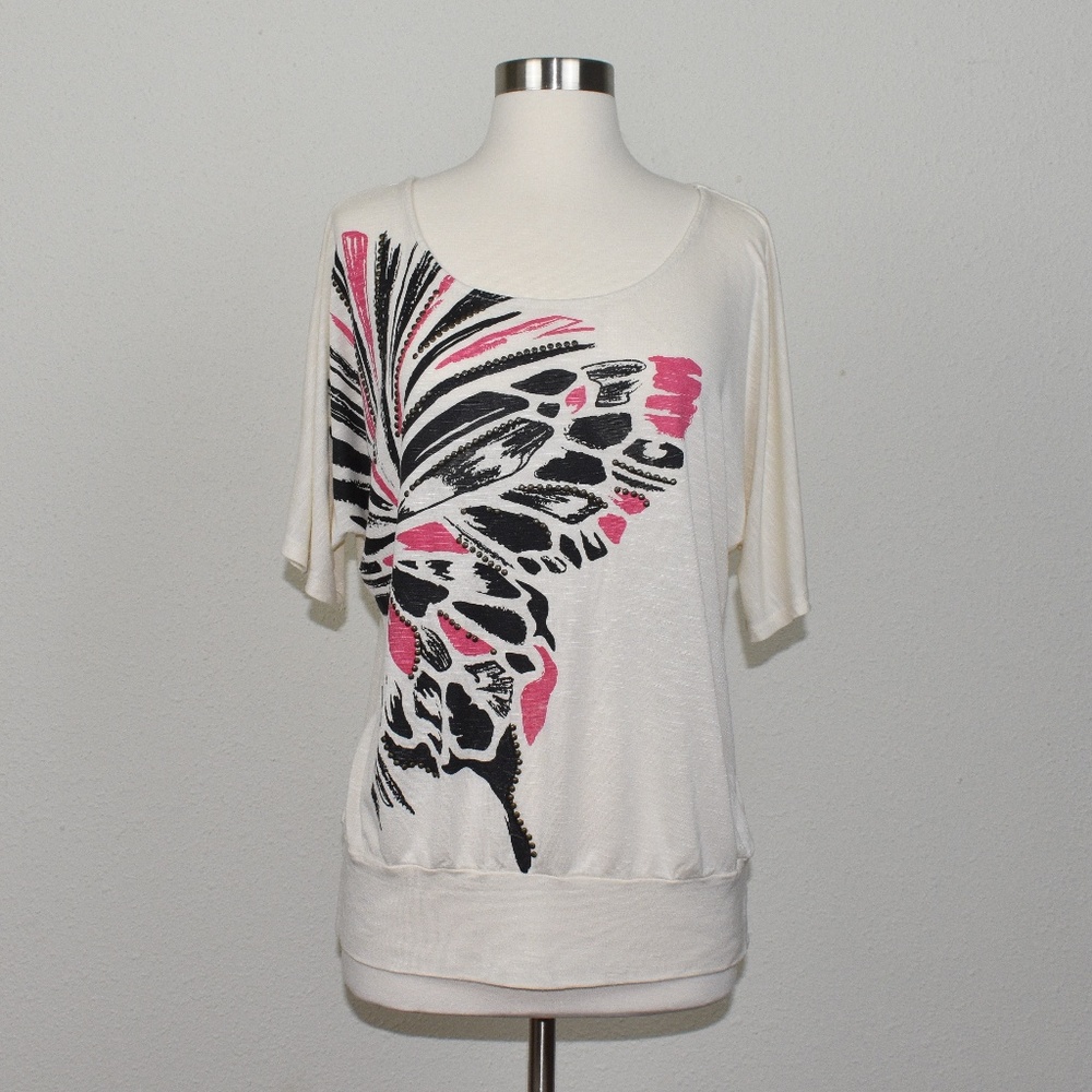 INC Ivory Tee - colorful butterfly blouse Size M - Picture 1 of 7